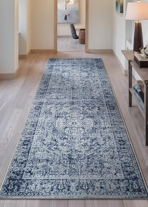 Bloom Rugs Washable Non-Slip 12 ft Runner - Ivory/Denim Blue Traditional Medallion Runner for Entryway, Hallway, Bathroom, and Kitchen - Exact Size: 2.5' x 12'