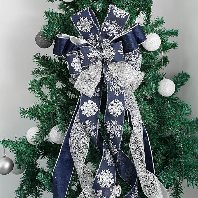 MEEDEE Navy Blue Tree Topper Navy Blue Christmas Tree Topper Bow 12 inch Wide Navy Blue Silver Glitter Yule Tree Wreath Bow Christmas Decorations Silver Snowflake Garland Bow Holiday Lantern (1 Pack)