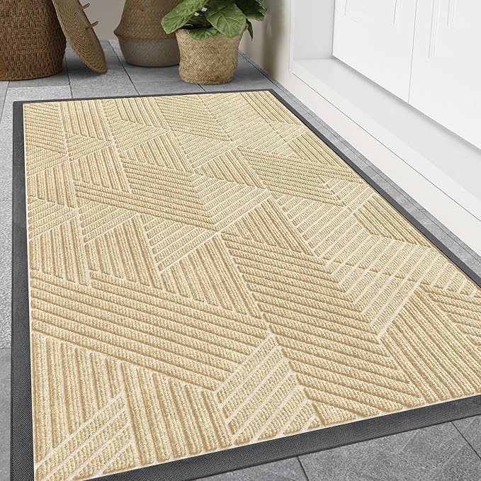 Smiry Front Door Mat Outside Entrance, Heavy Duty Sturdy Natural Rubber Doormat, Trap Dirt and Moisture, Easy Clean Low Profile Mats for Indoor Outdoor Entry, Irregular Triangle (71x47, Beige)
