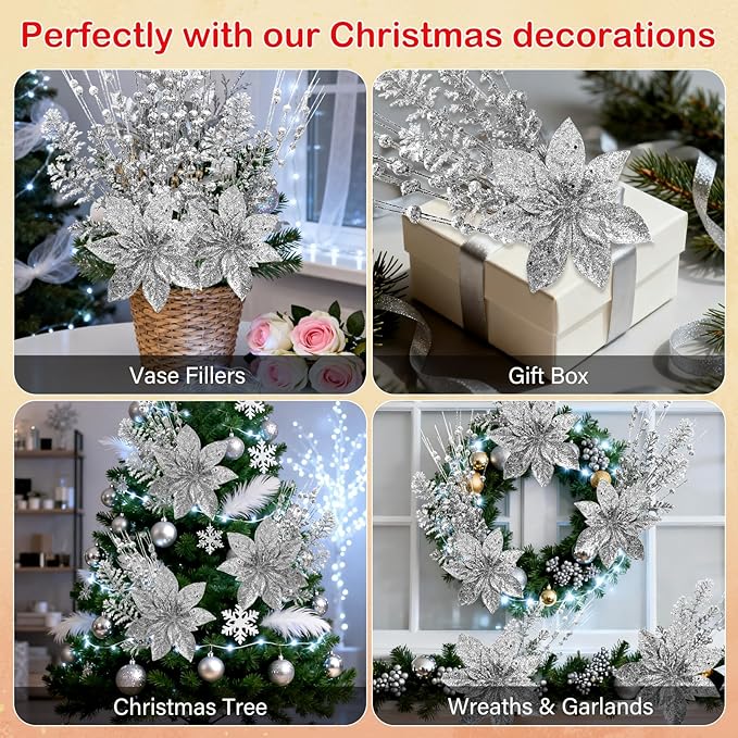 18 Pack Christmas Tree Ornaments Set, 17.5 Inch Silver Fake Christmas Picks Decorations with 2 Styles, Artificial Glitter Berry Stem Ornaments for Christmas Tree Wedding Small Vase Wreath Decor