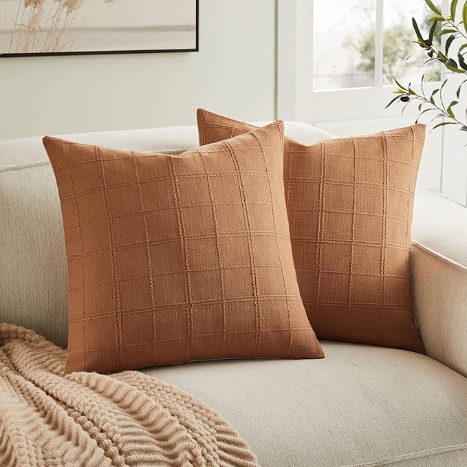 ZeeMart Linen Checked Throw Pillow Covers Set of 2, 24x24 Inch Caramel/Cream, Farmhouse Decorative Single Sided Grid Embroidered Couch Pillow Cases Burnt Orange Cotton Linen Cushion Covers