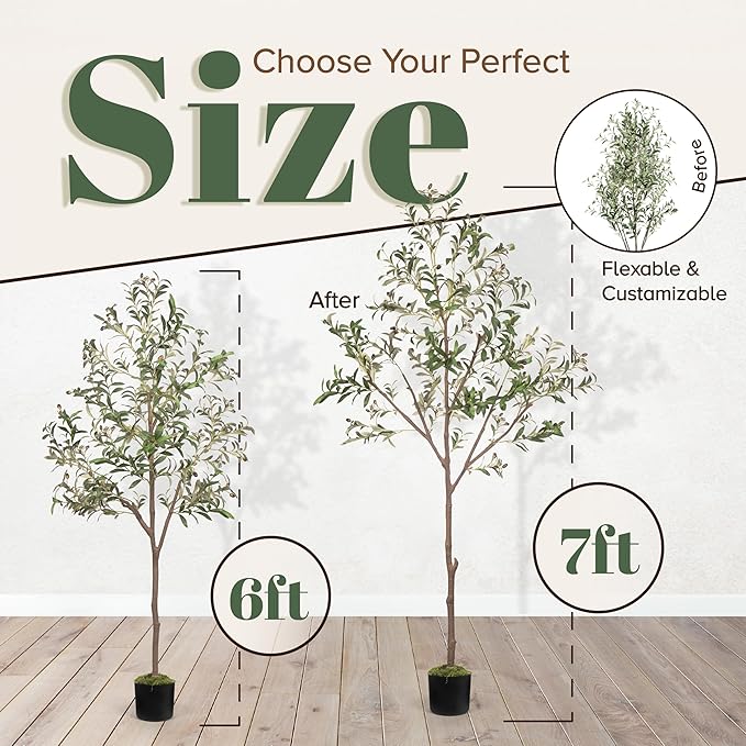 Olive Trees Artificial Indoor 6FT Tree with Rechargeable LED Spotlight, Decorative Moss & Weighted Pot – Tall Realistic Olive Plant for Home, Office, or Event Décor (6FT)