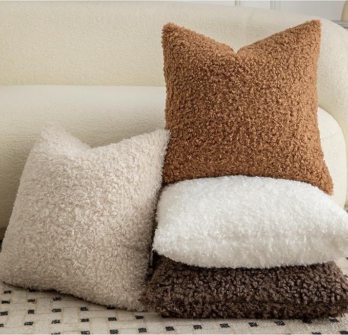 Pack of 2 Curly Teddy Wool Faux Fur Throw Pillow Covers Fuzzy Accent Soft Sherpa Pillowcases Sheepskin Fleece Decorative Cushion Case for Sofa Couch Living Room 12x20 Inch Bronze