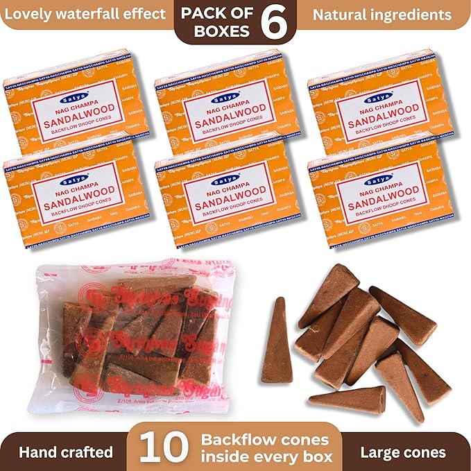Sandalwood Backflow Incense Cones for Waterfall Aromatic Smoke Fountain Haze Falls and Mat Bundle - Pack of 6