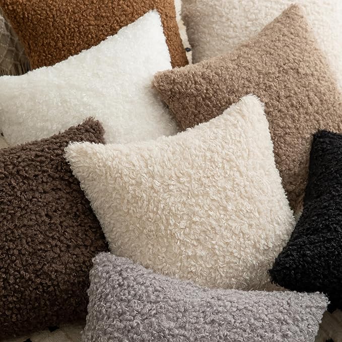 Pack of 2 Curly Teddy Wool Faux Fur Throw Pillow Covers Fuzzy Accent Soft Sherpa Pillowcases Sheepskin Fleece Decorative Cushion Case for Sofa Couch Living Room 22x22 Inch Neutral Light Beige