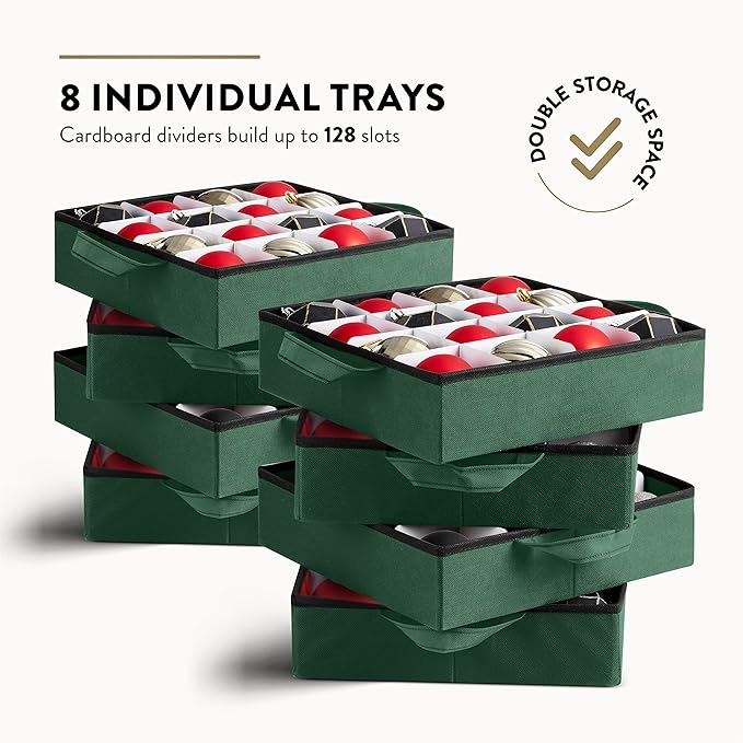 ZOBER Christmas Ornament Storage Box - Stores 128 3" Ornaments with Individual Trays - Tear Proof 600D Oxford Fabric - ornament organizer storage box, Durable Christmas Containers Holder - Green