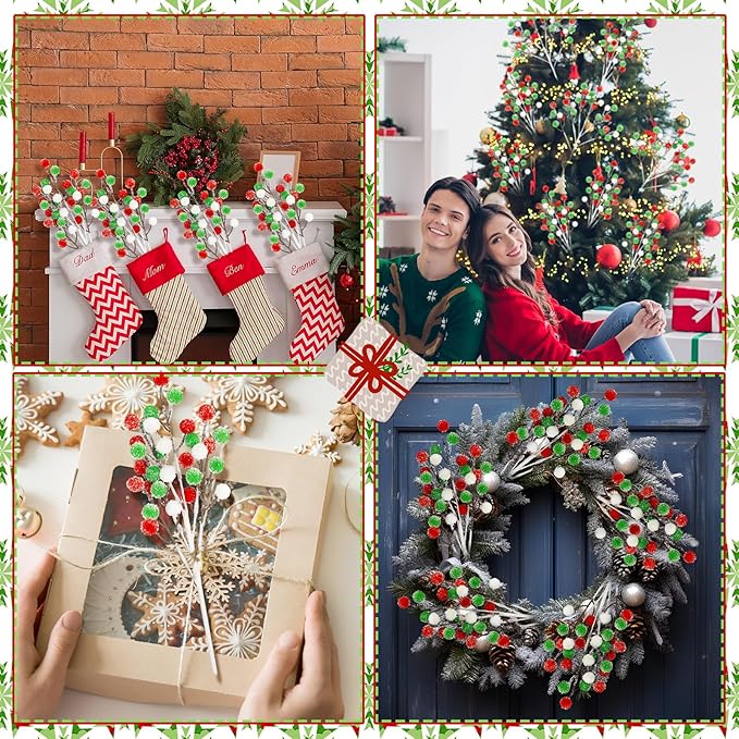 Norme 12 Pcs 13.8 Inch Christmas Felt Ball Picks and Spray Christmas Tree Topper Decoration Artificial Red Green and White Snowy Ball Stem Branches for Xmas Vase Filler Wreath Craft Supplies