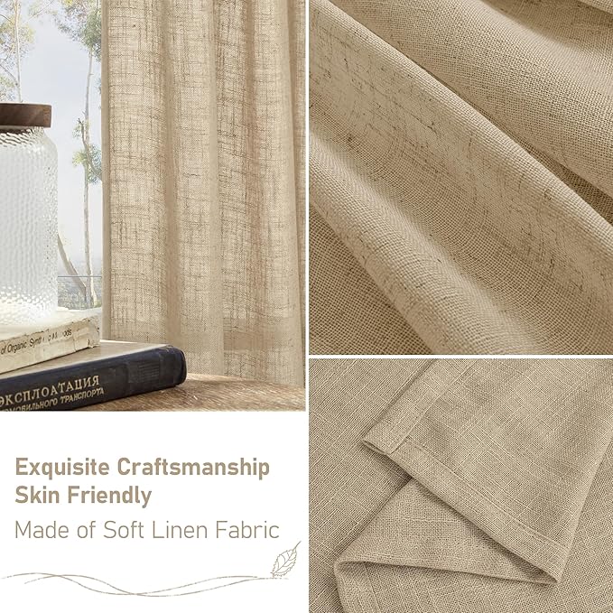 LAMIT Linen Blended Curtains for Bedroom, Faux Linen Textured Light Filtering Drapes Back Tab and Rod Pocket Boho Burlap Panels for Farmhouse/Living Room, 2 Panels, 52 x 72 Inch, Brown