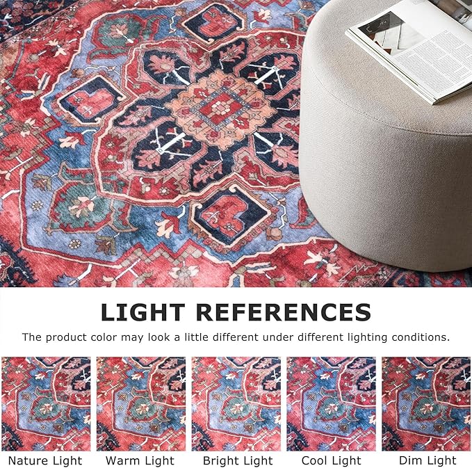 3x5 Washable Area Rug for Entryway, Red Soft Boho Rug with Non-Slip, Low-Pile Vintage Floor Area Rugs for Living Room Bedroom Dining, Dorm Carpet with Non-Shedding