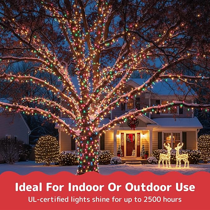 PREXTEX Bright and Colorful Christmas Lights (60 Feet, 300 Count) - Fall Decor and Christmas Tree Lights with White Wire - Indoor and Outdoor String Light - Multi-Color Incandescent Light