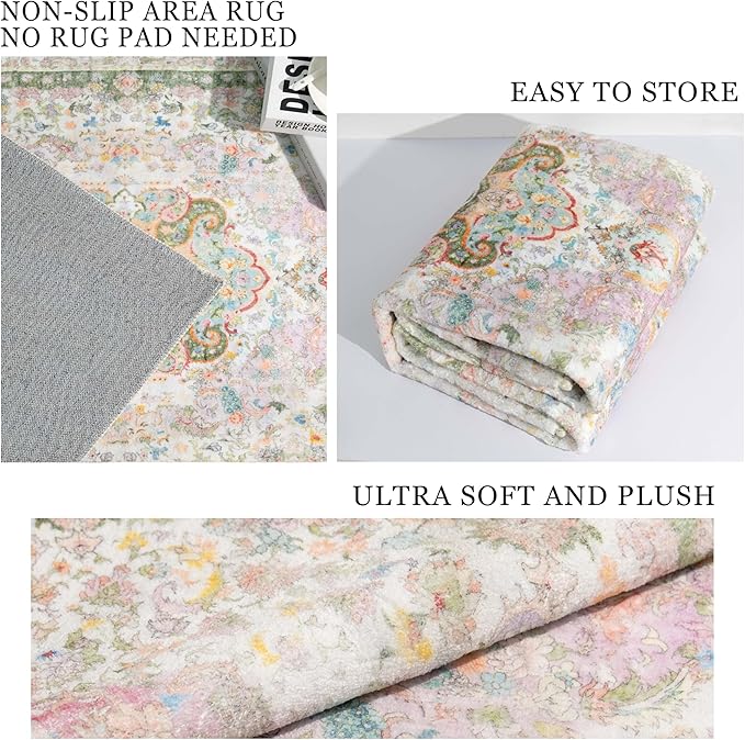 8x10 Area Rugs Washable,Pink Rug for Living Room Bedroom Dining Room,Large Boho Vintage Bohemian Distressed Carpet Non Slip,Blush Green
