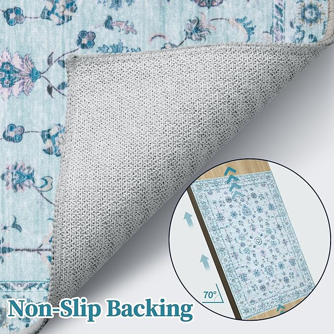 Tangsoo 3x5 Floral Area Rug Washable Non-Slip Low Pile Vintage Boho Distressed Carpet for Bedroom, Entryway, Kitchen, Office, Foyer Decor - Pet & Child Friendly (Light Blue)
