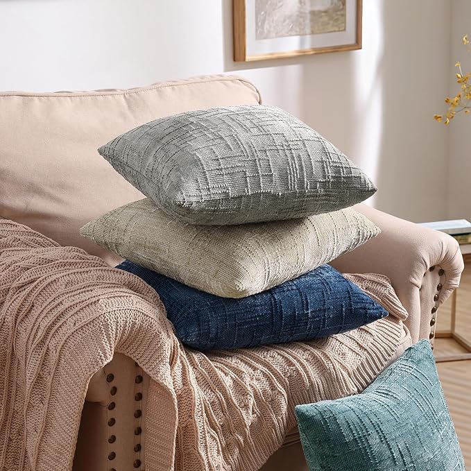decorUhome Neutral Grey Chenille Throw Pillow Covers 16x16 Set of 2 Thick Textured Slubby Couch Pillow Covers Farmhouse Accent Modern Neutral Decorative Pillow Cases for Bed Sofa Living Room