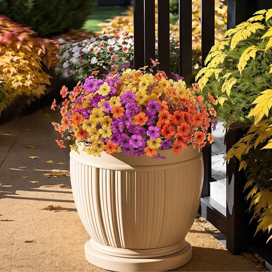 Artificial Flowers for Outdoor Decoration,Faux Daisy Flowers for Spring Decor,Realistic Eucalyptus Leaves Silk Mums Fake Plants for Garden Pot,Front Porch,Courtyard,Patio,Lawn (Purple Orange Yellow)