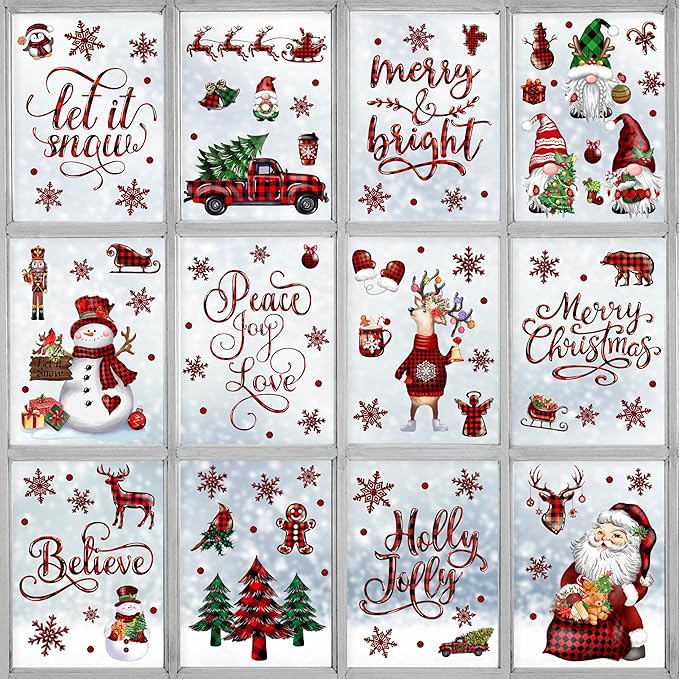 BORAMDO Christmas Window Clings 12 Sheets, Buffalo Plaid Xmas Window Decals Stickers Removable Holiday Decorations for Home & Office, 12 Styles