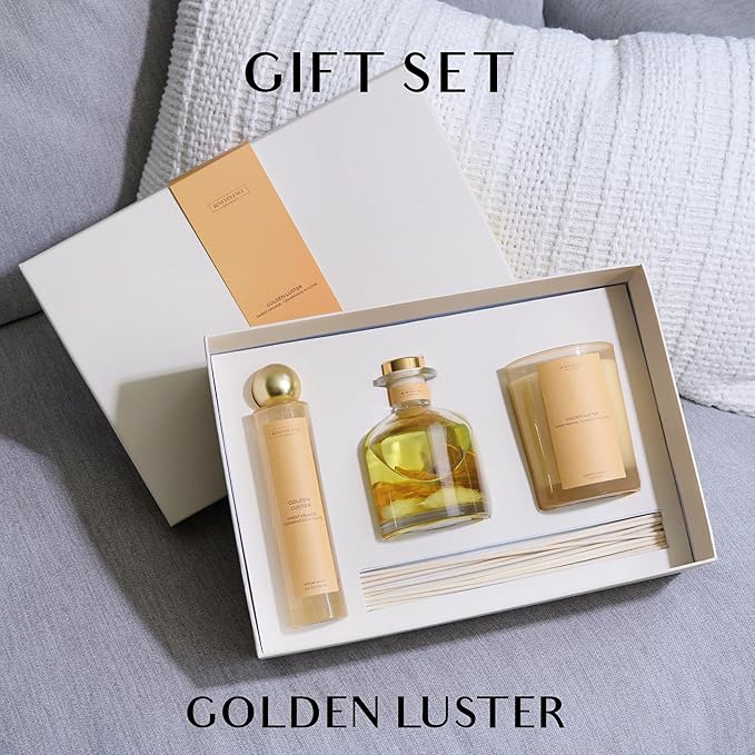 Benevolence LA Golden Luster Gift Box | Candle, Room Spray & Reed Diffuser | Orange, Cedarwood & Clove | Luxurious Home Fragrance | Ready for Gifting Set | Thanksgiving Gifts for Women