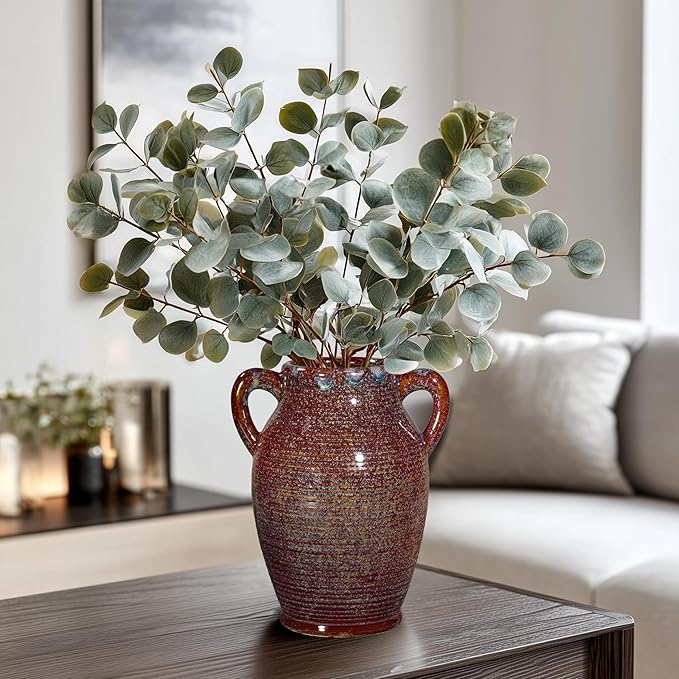 Sunddo Brown Ceramic Vase 8 Inch - Rustic Decorative Flower Vase with 2 Handles, Farmhouse Decor, Bedroom, Bathroom, Bookshelf, Mantel, Living Room Decor