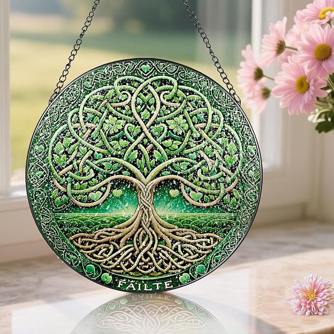 Stained Glass Window Hanging, Pauyadu Tree of Life Sun Catchers, Stained Glass Suncatcher, Tree of Life Decor Gifts for Women, Men, Wife, Lovers, Couple and Friend - 8 Inch