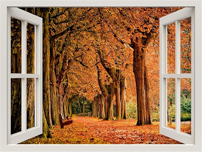 wall26 Removable Wall Sticker/Wall Mural Window View Autumn Season Orange Forest Tree Trail Wilderness Nature Photography Realism Rustic Landscape Colorful for Living Room, Bedroom, Office - 24"x32"