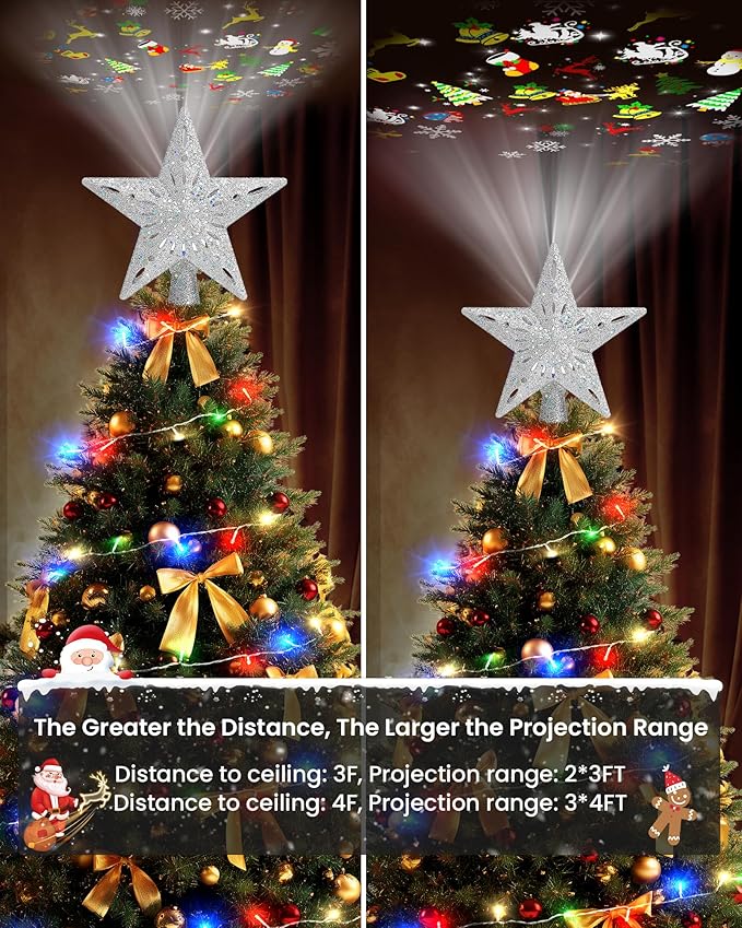 Christmas Tree Topper Star Lighted with 32.8ft Breathing Flickering Light Cord & 6 LED Projection Modes, Silver Christmas Star Topper for Indoor Xmas Holiday Tree Decoration