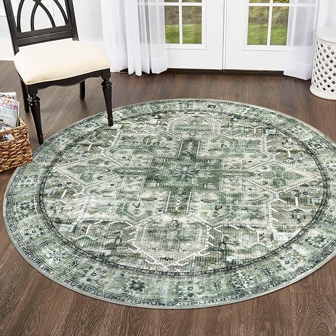 5' Round Washable Rug for Entryway, Green Soft Printed Area Rug, Non-Slip Kitchen Rugs, Low-Pile Medallion Indoor Door Mat, Small Farmhouse Carpet for Entrance Kitchen Foyer Bedside