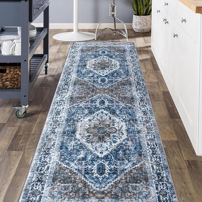 KOZYFLY Runners for Hallways 3x8 Ft Washable Kitchen Runner Rug Boho Runner Rug for Entryway Indoor Blue Printed Oriental Faux Wool Floor Carpet Runner for Bedroom Kitchen Hall
