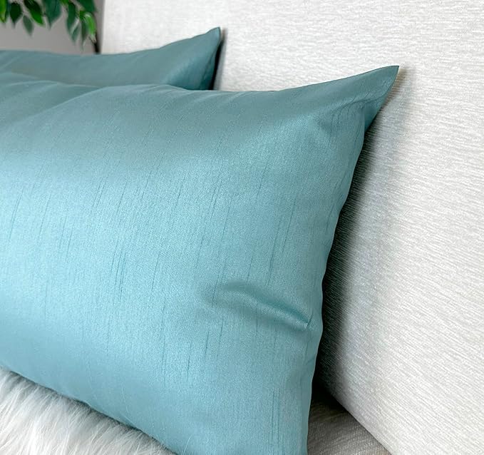 Aiking Home 12x24 Inches Faux Silk Rectangular Throw Pillow Cover, Zipper Closure, Aqua (Set of 2)