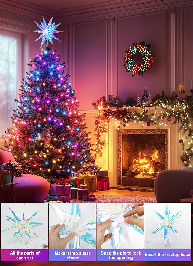 Brightown Smart Christmas Tree Topper Star, Built-in 36 Bulbs Lighted MoravianStar, RGB Color Changing W/App Control USB Powered Christmas Tree Star Topper Music Sync, Multicolor Moravianstar 13.7"