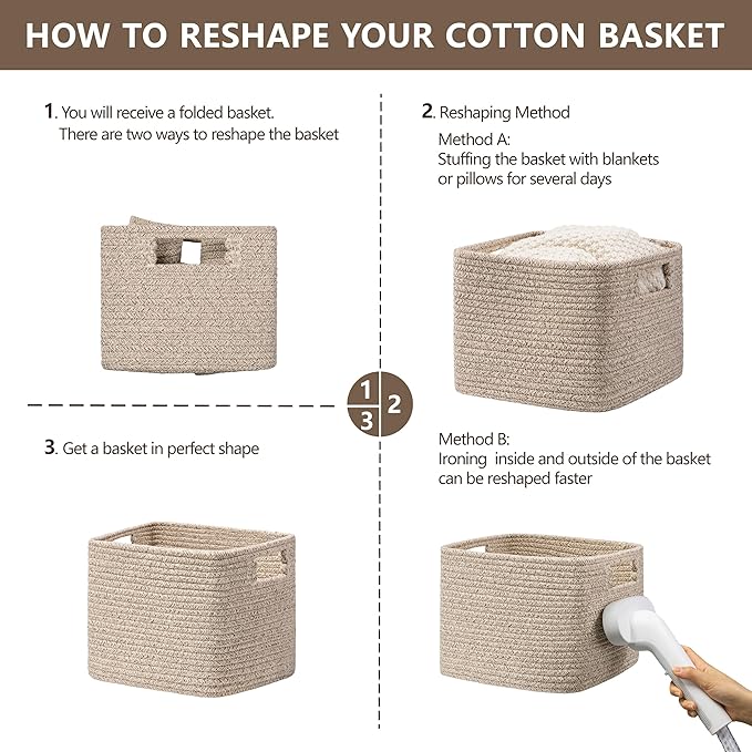 UBBCARE Storage Cubes 4 Pack, 11x 11x 7.8 Cube Storage Bin with Handles, Cotton Rope Baskets for Organizing, Woven Baskets for Shelf, Baby Nursery, Toy Storage, Closet, Classroom, Mix-Brown