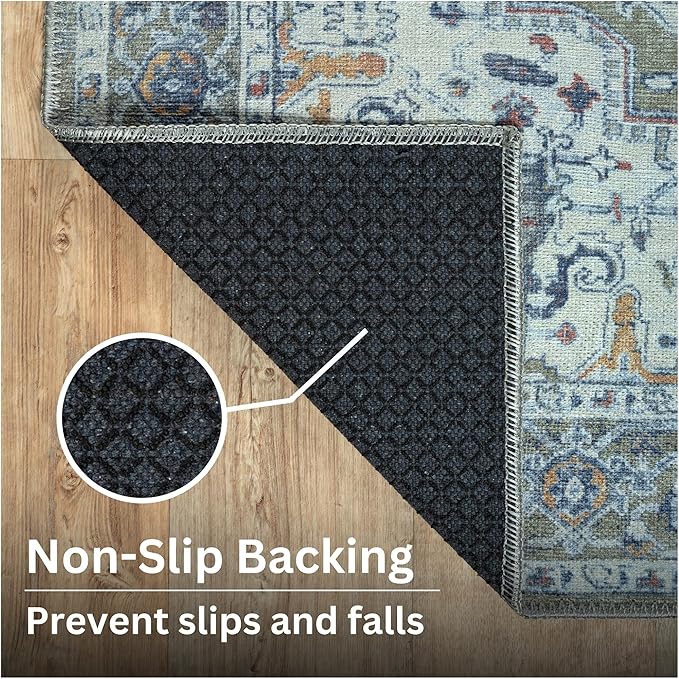 Bloom Rugs Washable Non-Slip 5' x 7' Rug - Green/Blue Traditional Medallion Area Rug for Living Room, Bedroom, Dining Room, and Kitchen - Exact Size: 5' x 7'