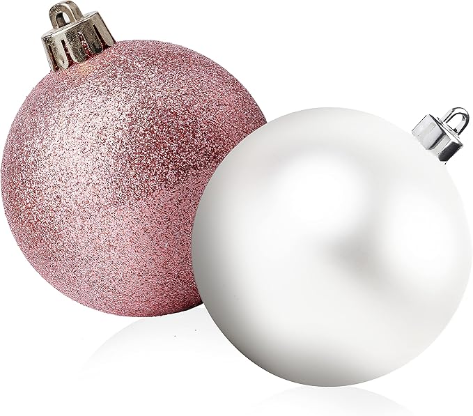 100 Pink and White Christmas Ornament Balls Shatterproof + 100 Metal Ornament Hooks, Hanging Ornaments for Indoor/Outdoor Xmas Christmas Tree, Holiday Party, Home Décor Sizes, 1.2" 1.6" & 2.4"