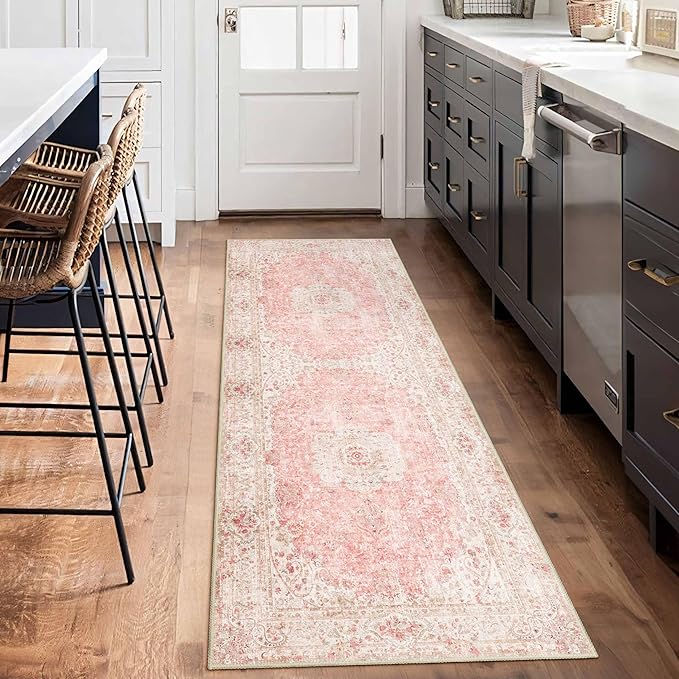 Washable Runner Rug 2x6,Pink Rug Runners Non Slip,Long Boho Rugs for Hallways Kitchen Bedroom Entryway Living Room Bathroom,Vintage Bohemian Distressed Floor Carpet,Blush