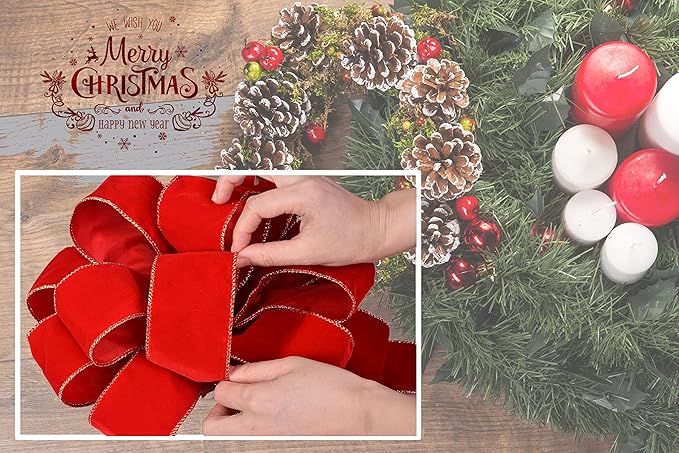 3pcs Red Velvet Ribbon Christmas Bows with Golden Wire, Handmade(26"x 12") Wired Large Ribbons, Thanksgiving/Christmas Tree Topper, Garland/Wreath, Tree Topper Decor