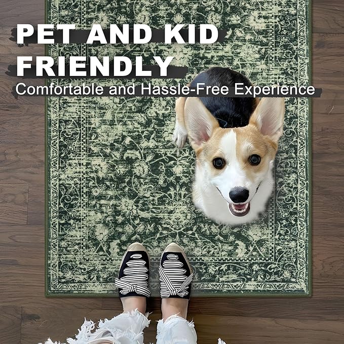 KILOCOCO Area Rug 3x5 Entryway Rug Washable Printed Vintage Floral Rubber Backed Non Slip Indoor Kitchen Rugs for Living Room Laundry Room Playroom Mudroom Moroccan Area Rugs, Green