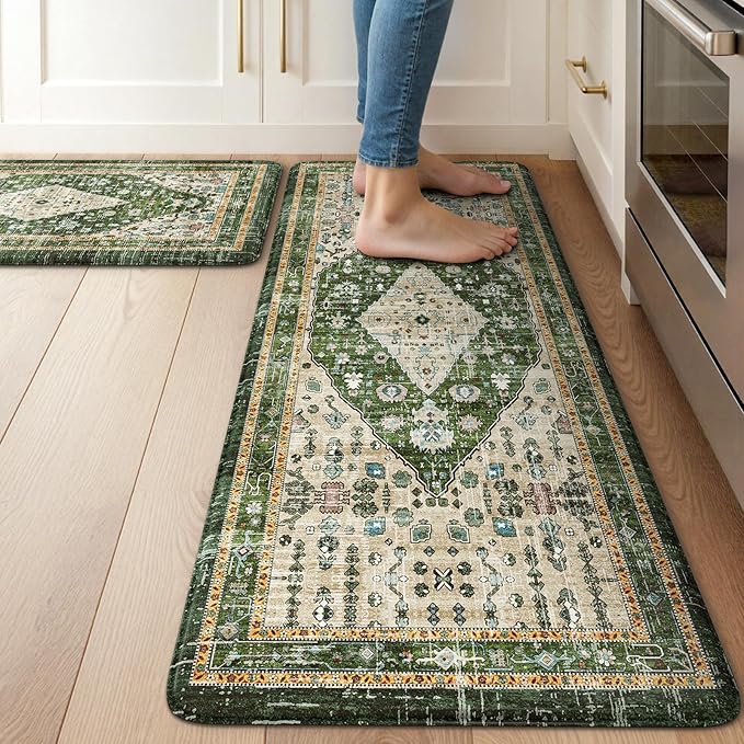 Collive Boho Kitchen Mats for Floor, Cushioned Anti Fatigue Kitchen Rug Set of 2, Non-Skid Waterproof Sink Rugs Comfort Standing Mat for Laundry, Office, Desk, Green