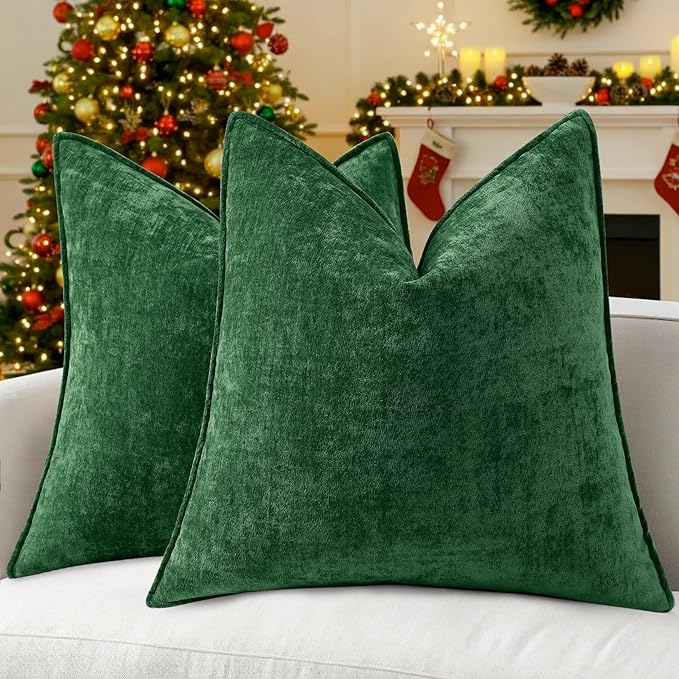 decorUhome Christmas Couch Throw Pillow Covers 26x26 Set of 2, Decorative Soft Euro Velvet Neutral Chenille Pillow Covers with Elegant Design for Sofa Bed Living Room Home Decor, Green