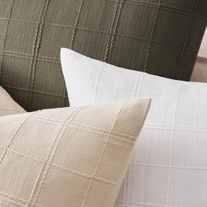 ZeeMart Linen Checked Throw Pillow Covers Set of 2, 16x16 Inch Allover Grid White, Farmhouse Decorative Double Sided Grid Embroidered Couch Pillow Cases White Cotton Linen Cushion Covers