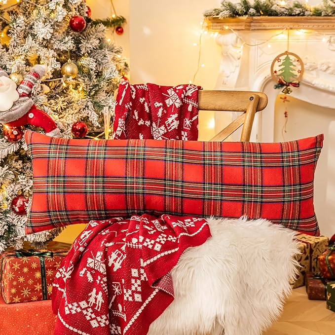 AQOTHES Pack of 2 Christmas Plaid Decorative Throw Pillow Covers Scottish Tartan Cushion Case for Farmhouse Home Holiday Decor Red and Green, 14 x 36 Inches