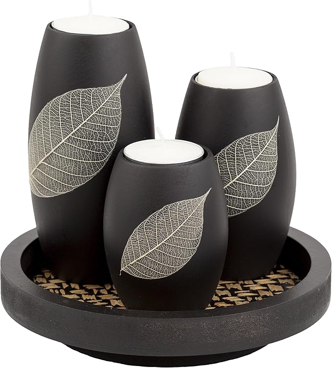 IYARA CRAFT Candle Holder Set with Tray – 3 Handmade Wood Tealight Holders, Black Leaf Design, Winter Home Décor, Spa-Inspired Holiday Centerpiece & Elegant for Women, Mom, Housewarming