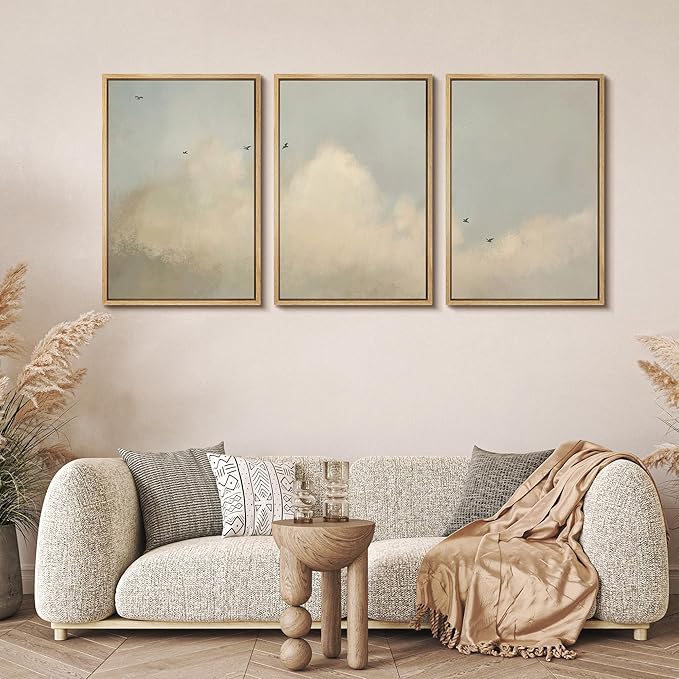 MUDECOR Framed Wall Art Print Set Minimalist Serene Sky with Birds Illustrations Modern Art Boho Decorative Colorful Chic for Living Room, Bedroom, Office - 16"x24"x3 Natural