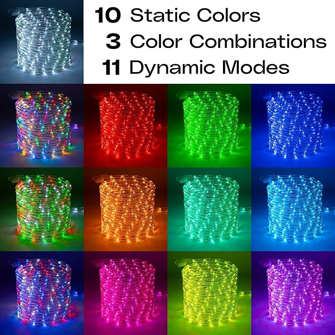 WYZworks 50 ft 576LEDs, 10 Color Changing Outside Rope Light 12-Modes w/Remote Controller, Outdoor ETL Certified Weatherproof Permanent 360 Degree Flexible Bend & Light Emitting Accent Lighting