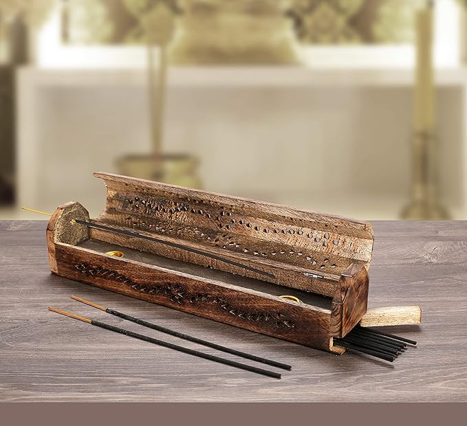 The Wooden Town Coffin Incense Stick Cone Burner Holder Stand with Storage Compartment Ash Catcher Hand Carved, Incense Stick Stand, Stick Holder, Incense Burners - Burnt Color - 12"x2.25"x2.75"