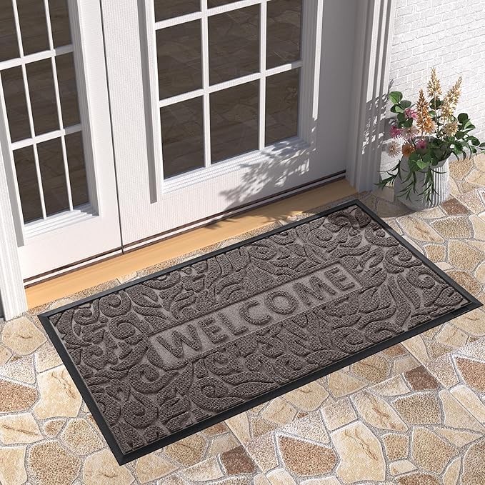 Yimobra Large Welcome Mat 47x24, Waterproof Non-Slip Outdoor Mats for Front Door Outside Entrance, Low-Profile Entryway Mat Indoor for Garage Patio, Brown