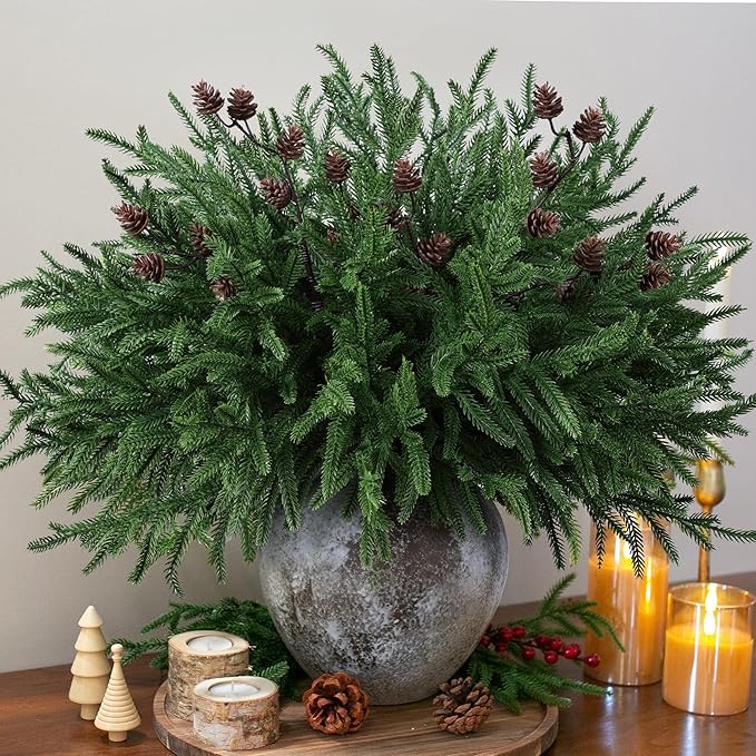 HyeFlora 14 PCS Christmas Norfolk Pine Stems with Small Pine Cones Branches, 19 In Real Touch Artificial DIY Greenery Pine Needles Picks,Xmas Faux Cedar Pine Branche for Vase Indoor Outdoor Home Décor