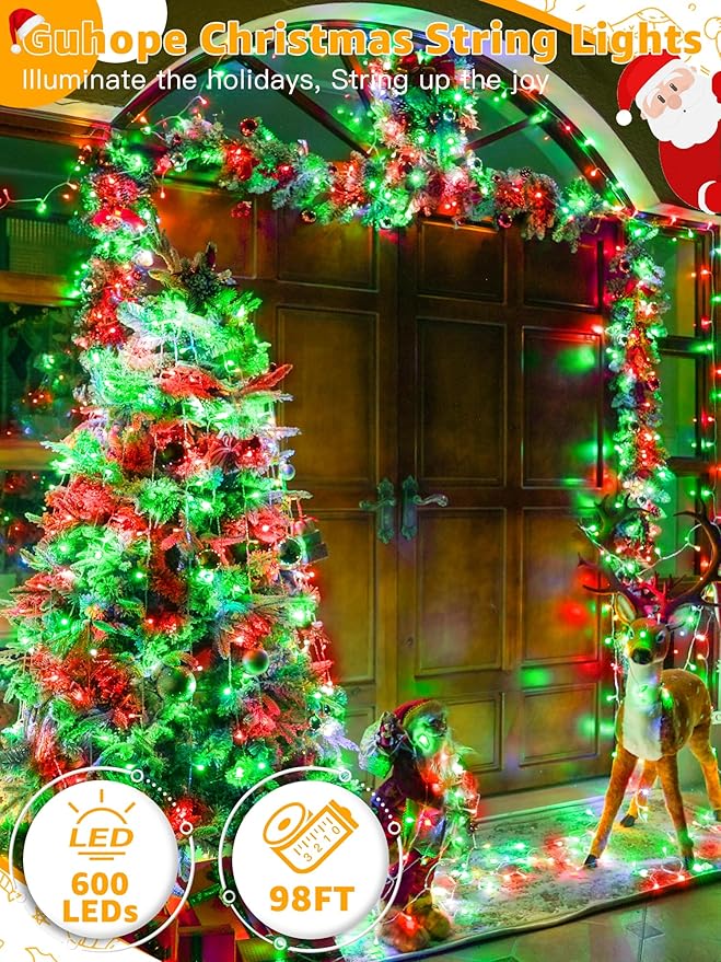 Christmas Lights 600 LED 98FT, Waterproof Outdoor String Lights with Remote and Timer, 8 Modes Dimmable Fairy Lights for Indoor Outdoor Wedding Party Holiday Decorations (Red and Green)