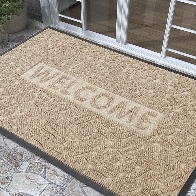 Yimobra Large Welcome Mat 60x36, Waterproof Non-Slip Outdoor Mats for Front Door Outside Entrance, Low-Profile Entryway Mat Indoor for Garage Patio, Beige