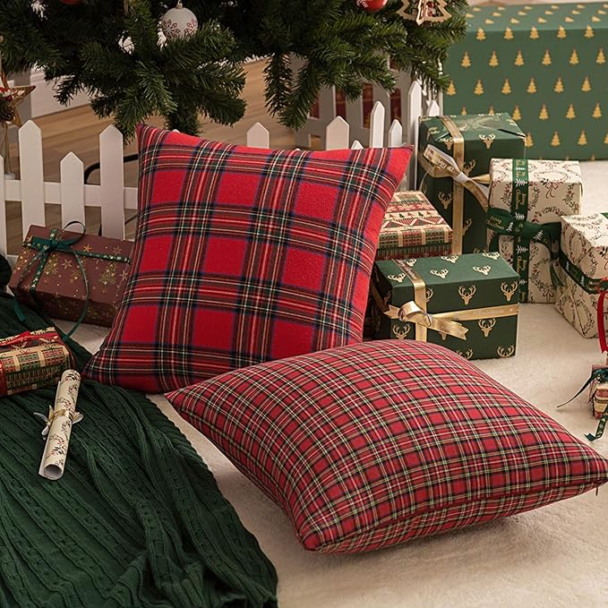 AQOTHES Pack of 2 Christmas Plaid Decorative Throw Pillow Covers Scottish Tartan Cushion Case for Farmhouse Home Holiday Decor Red and Green, 22 x 22 Inches