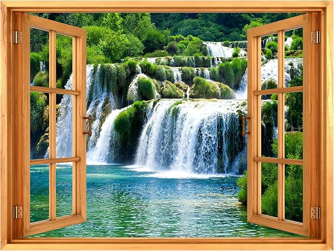 wall26 Removable Wall Sticker/Wall Mural Window View Lush Scenic Vibrant Waterfall Lake Wilderness Nature Photography Realism Rustic Landscape Colorful for Living Room, Bedroom, Office - 36"x48"