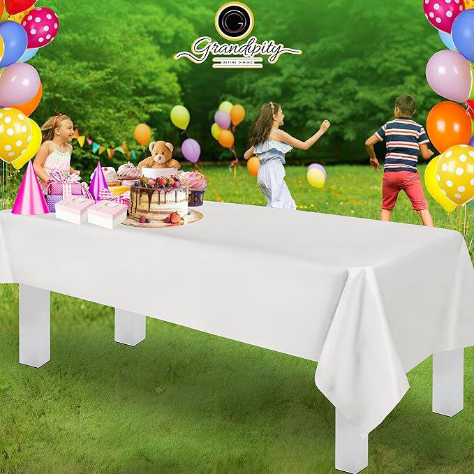 Grandipity 12 Pack Premium Disposable Plastic Tablecloth 54 Inch. x 108 Inch. with 0.3mm Thickness Table Cover - White