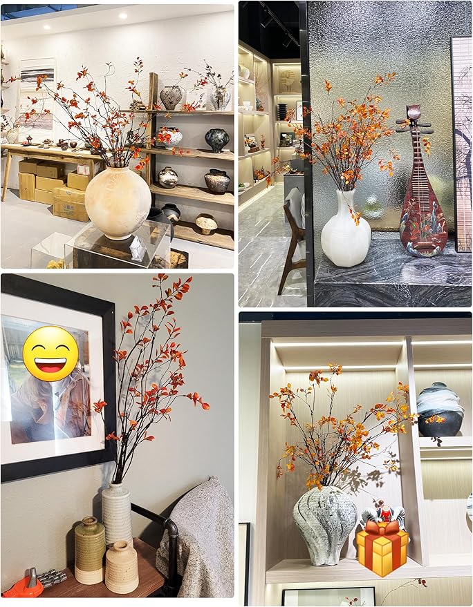 3Pcs 38.8" Faux Fall Plant Stems and Branches for Vase,Artificial Tree Branches and Twigs for Decoration (Orange Leaves & Brown Stem)